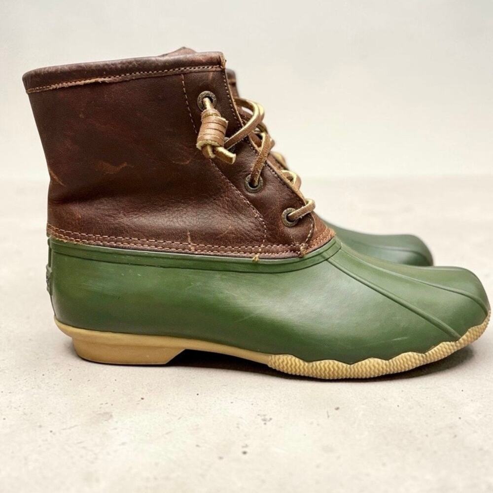 Sperry Saltwater Duck Boots Brown Leather Green Side Zip Waterproof Boots 6.5